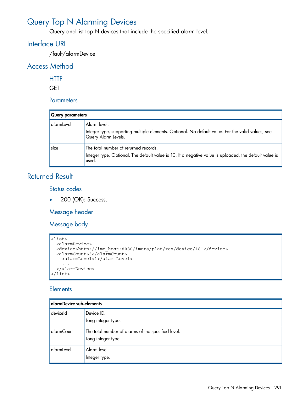 Query top n alarming devices, Interface uri, Access method | Returned result, Interface uri access method returned result | HP Intelligent Management Center Licenses User Manual | Page 291 / 438