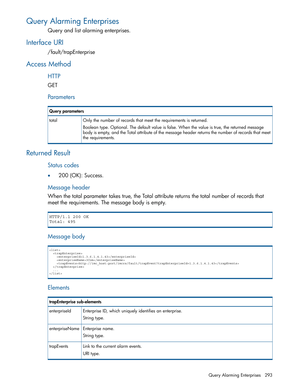 Query alarming enterprises, Interface uri, Access method | Returned result, Interface uri access method returned result | HP Intelligent Management Center Licenses User Manual | Page 293 / 438