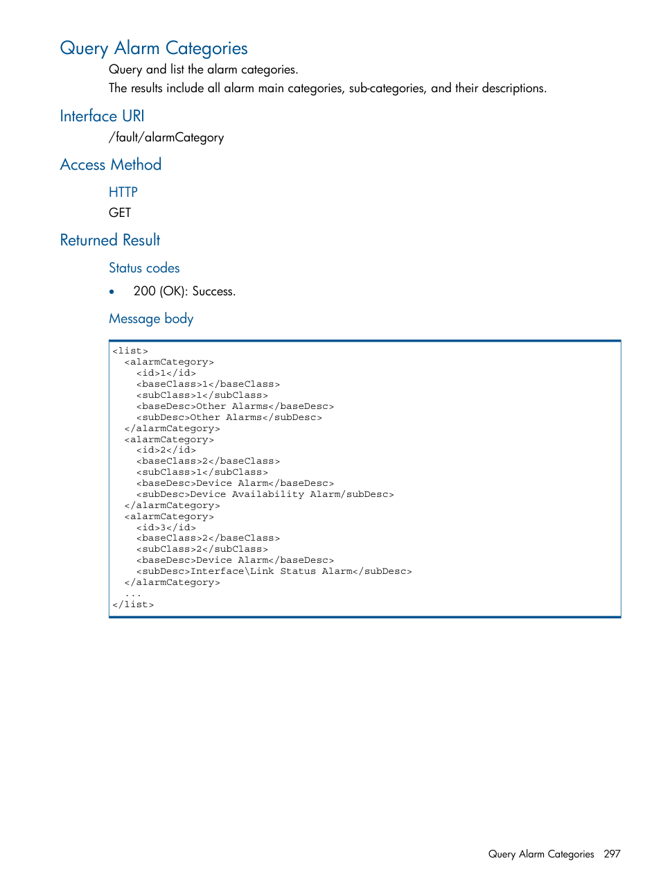 Query alarm categories, Interface uri, Access method | Returned result, Interface uri access method returned result | HP Intelligent Management Center Licenses User Manual | Page 297 / 438