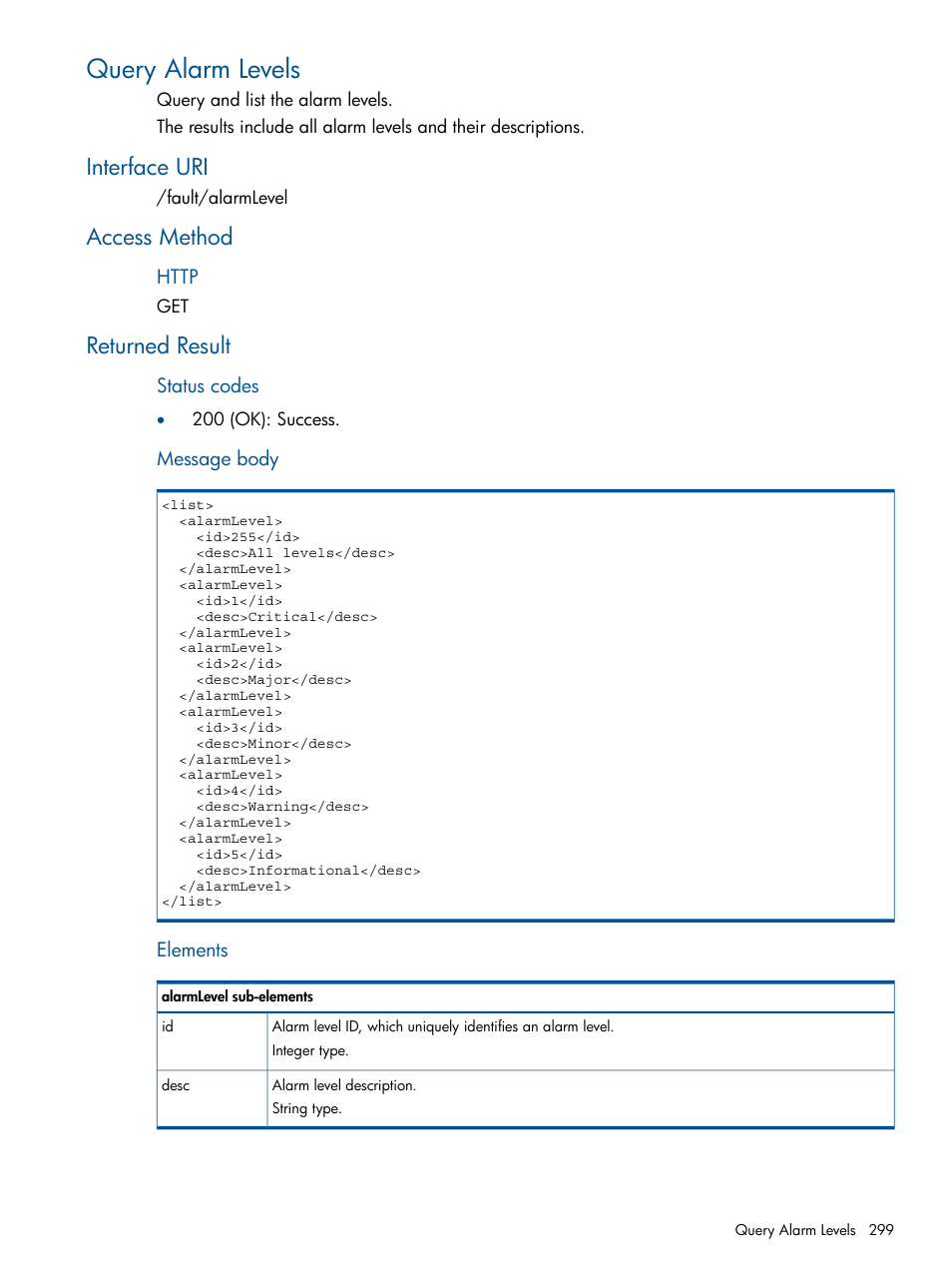 Query alarm levels, Interface uri, Access method | Returned result, Interface uri access method returned result | HP Intelligent Management Center Licenses User Manual | Page 299 / 438