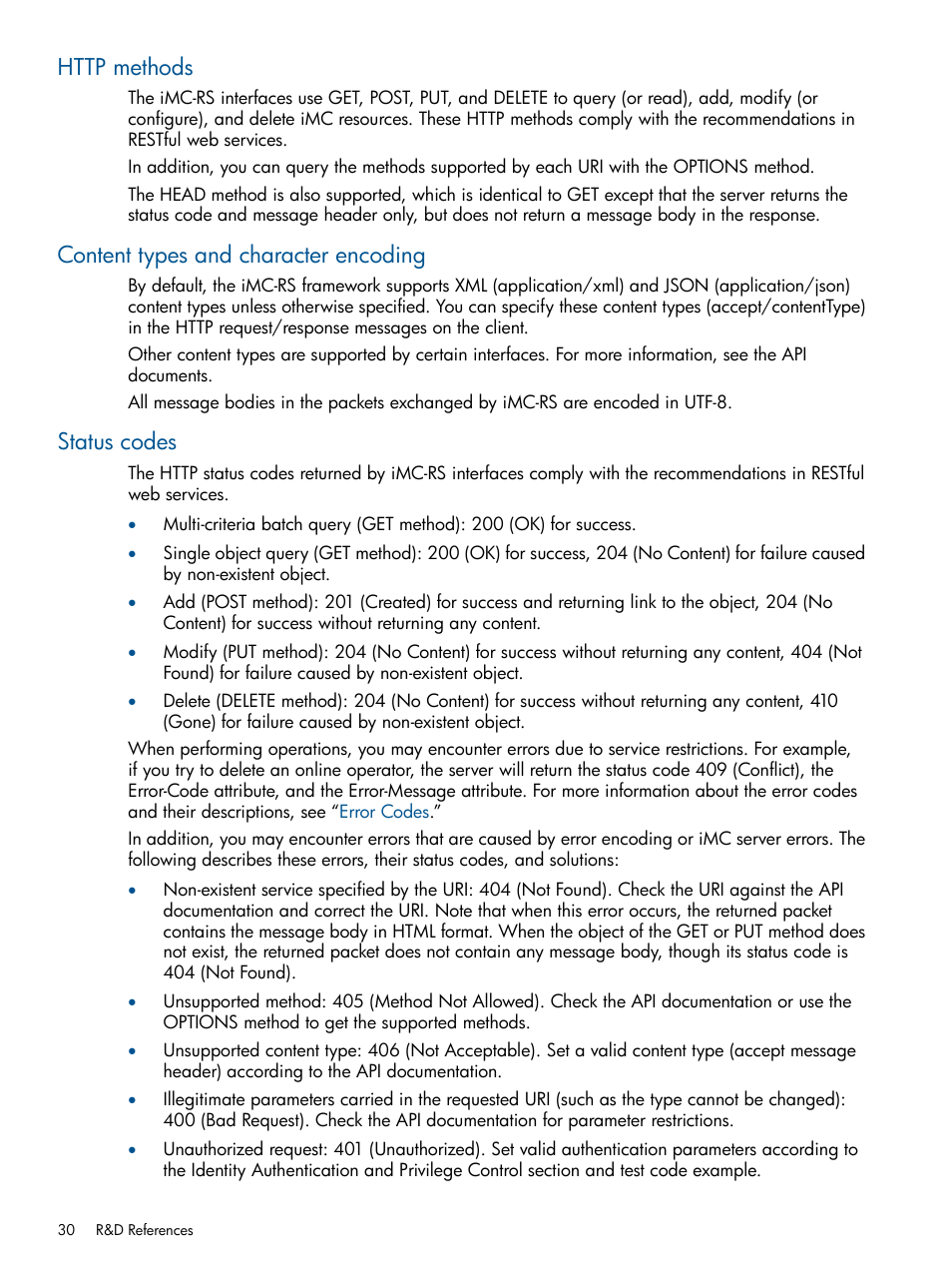 Http methods, Content types and character encoding, Status codes | HP Intelligent Management Center Licenses User Manual | Page 30 / 438