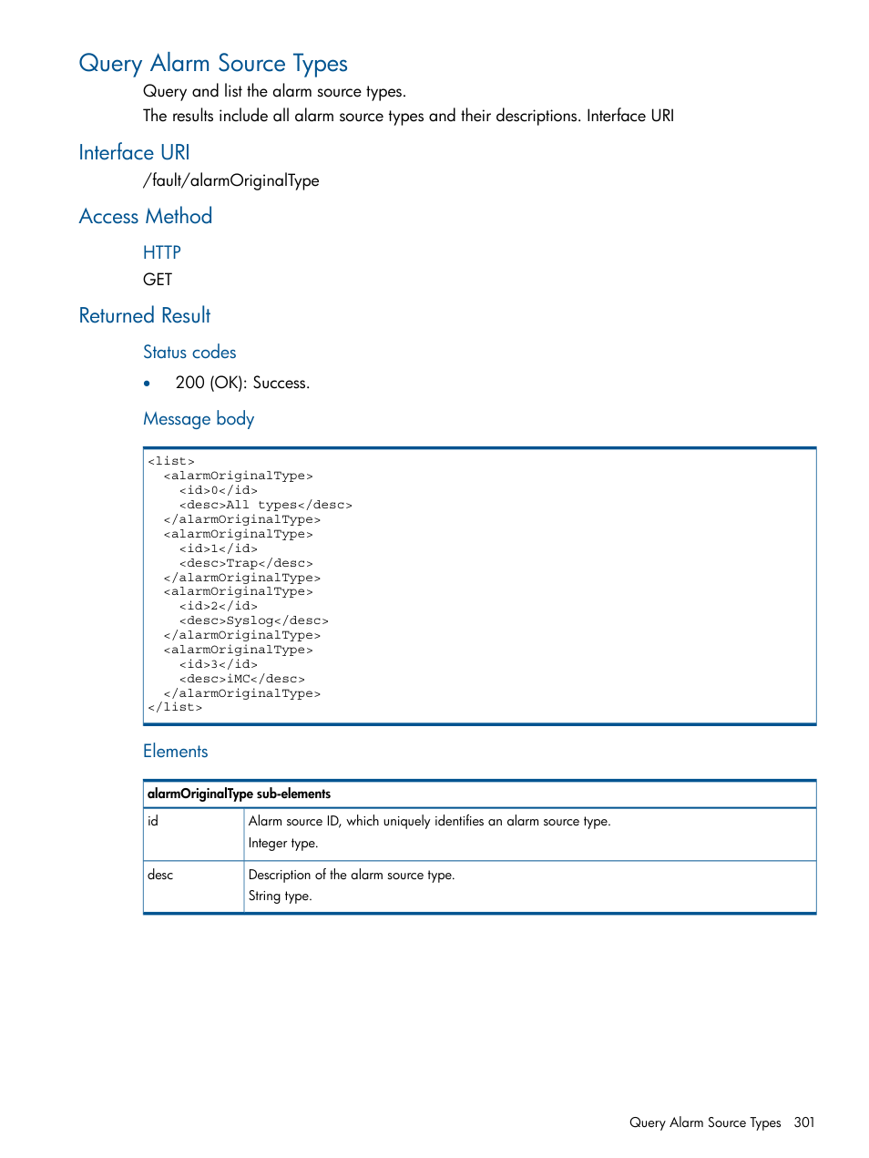 Query alarm source types, Interface uri, Access method | Returned result, Interface uri access method returned result | HP Intelligent Management Center Licenses User Manual | Page 301 / 438