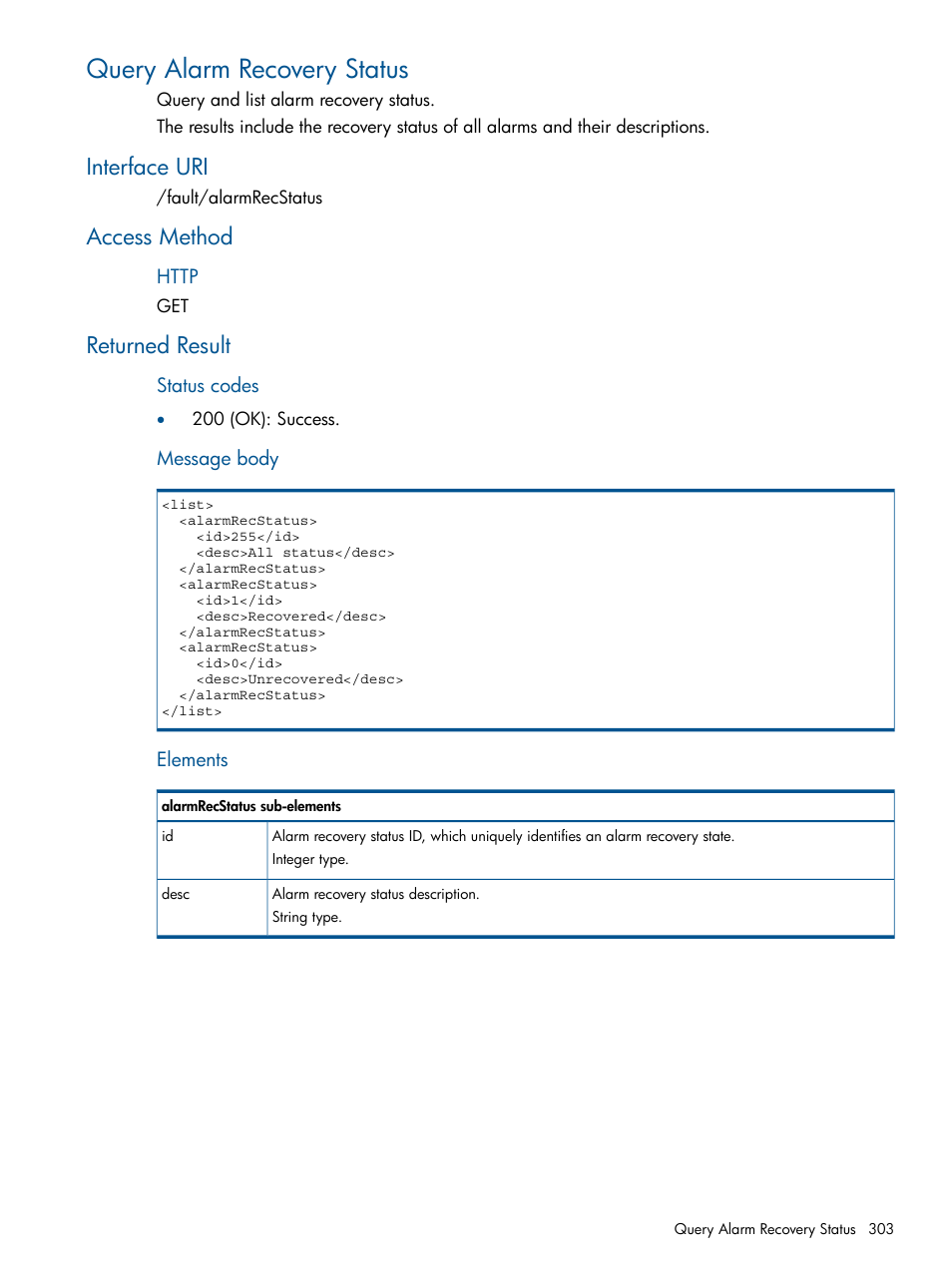 Query alarm recovery status, Interface uri, Access method | Returned result, Interface uri access method returned result | HP Intelligent Management Center Licenses User Manual | Page 303 / 438