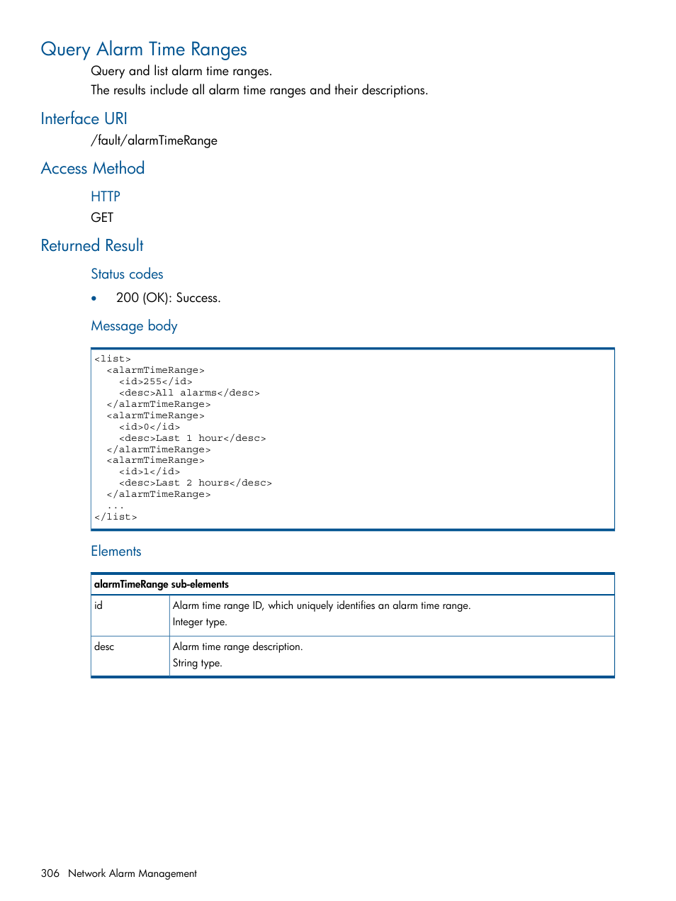 Query alarm time ranges, Interface uri, Access method | Returned result, Interface uri access method returned result | HP Intelligent Management Center Licenses User Manual | Page 306 / 438