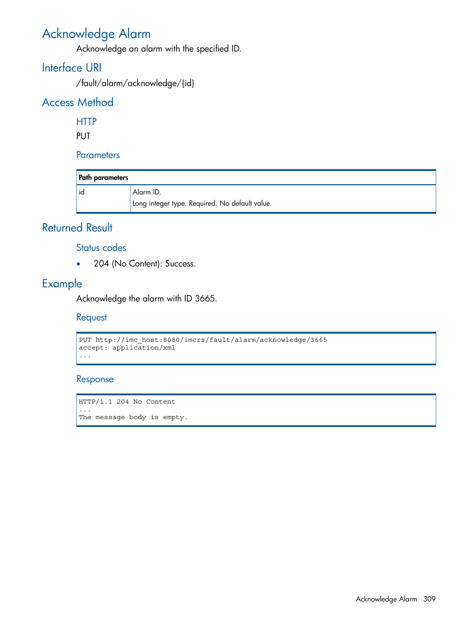 Acknowledge alarm, Interface uri, Access method | Returned result, Example | HP Intelligent Management Center Licenses User Manual | Page 309 / 438