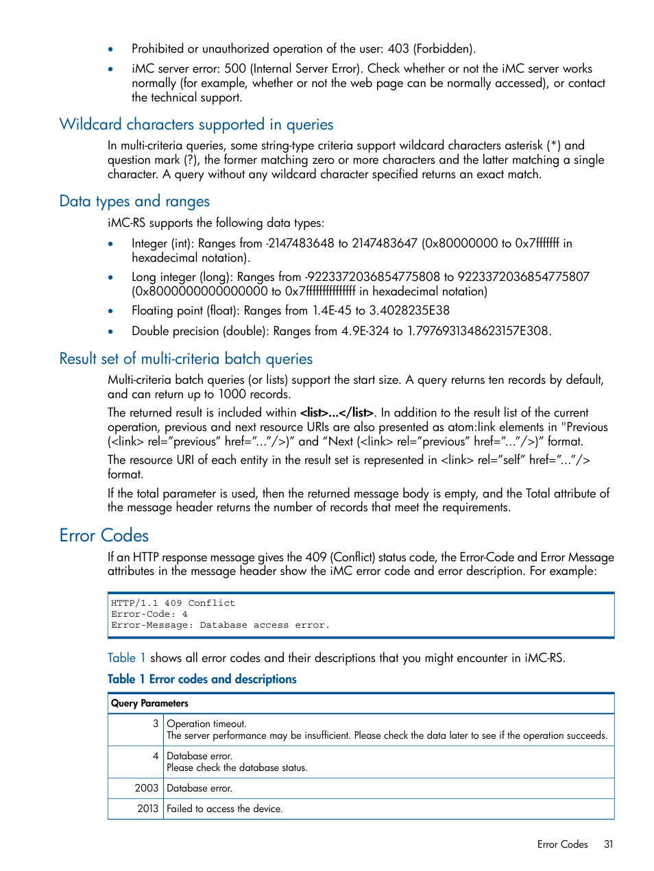 Wildcard characters supported in queries, Data types and ranges, Result set of multi-criteria batch queries | Error codes | HP Intelligent Management Center Licenses User Manual | Page 31 / 438