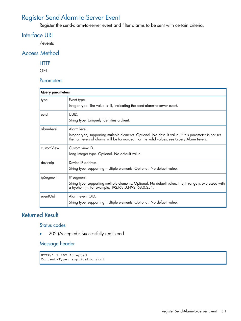 Register send-alarm-to-server event, Interface uri, Access method | Returned result, Interface uri access method returned result | HP Intelligent Management Center Licenses User Manual | Page 311 / 438