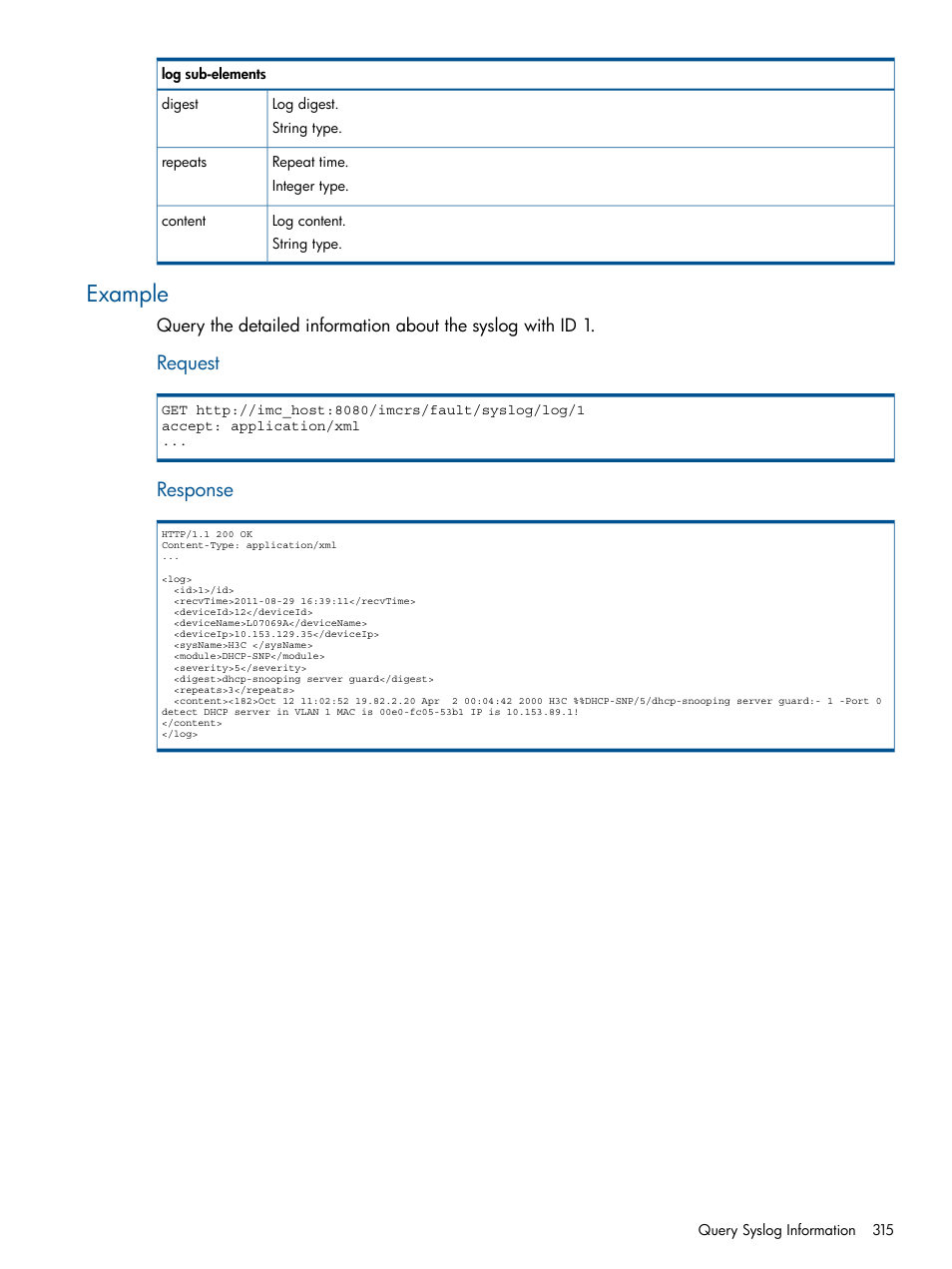 Example, Request, Response | HP Intelligent Management Center Licenses User Manual | Page 315 / 438