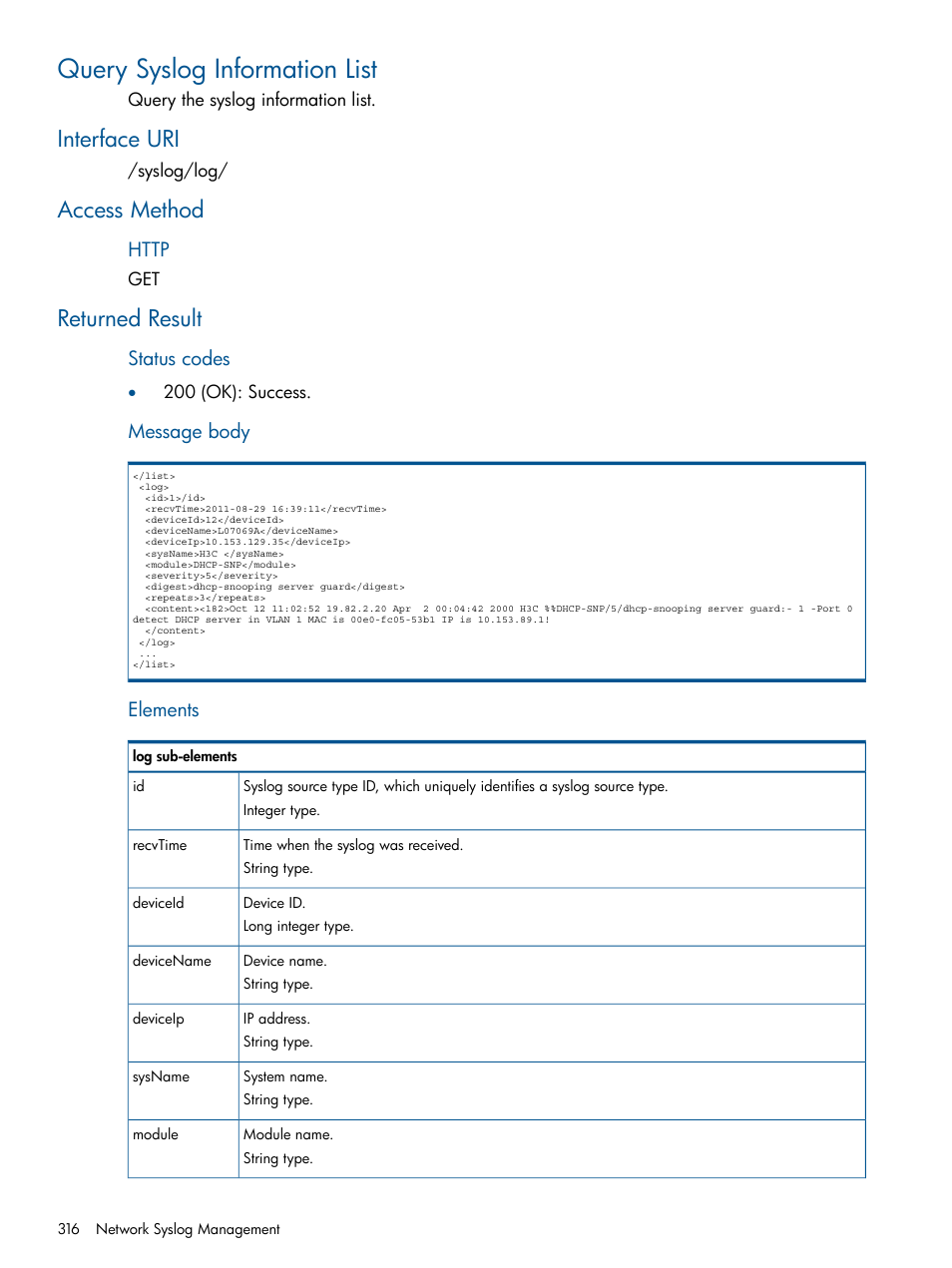 Query syslog information list, Interface uri, Access method | Returned result, Interface uri access method returned result | HP Intelligent Management Center Licenses User Manual | Page 316 / 438