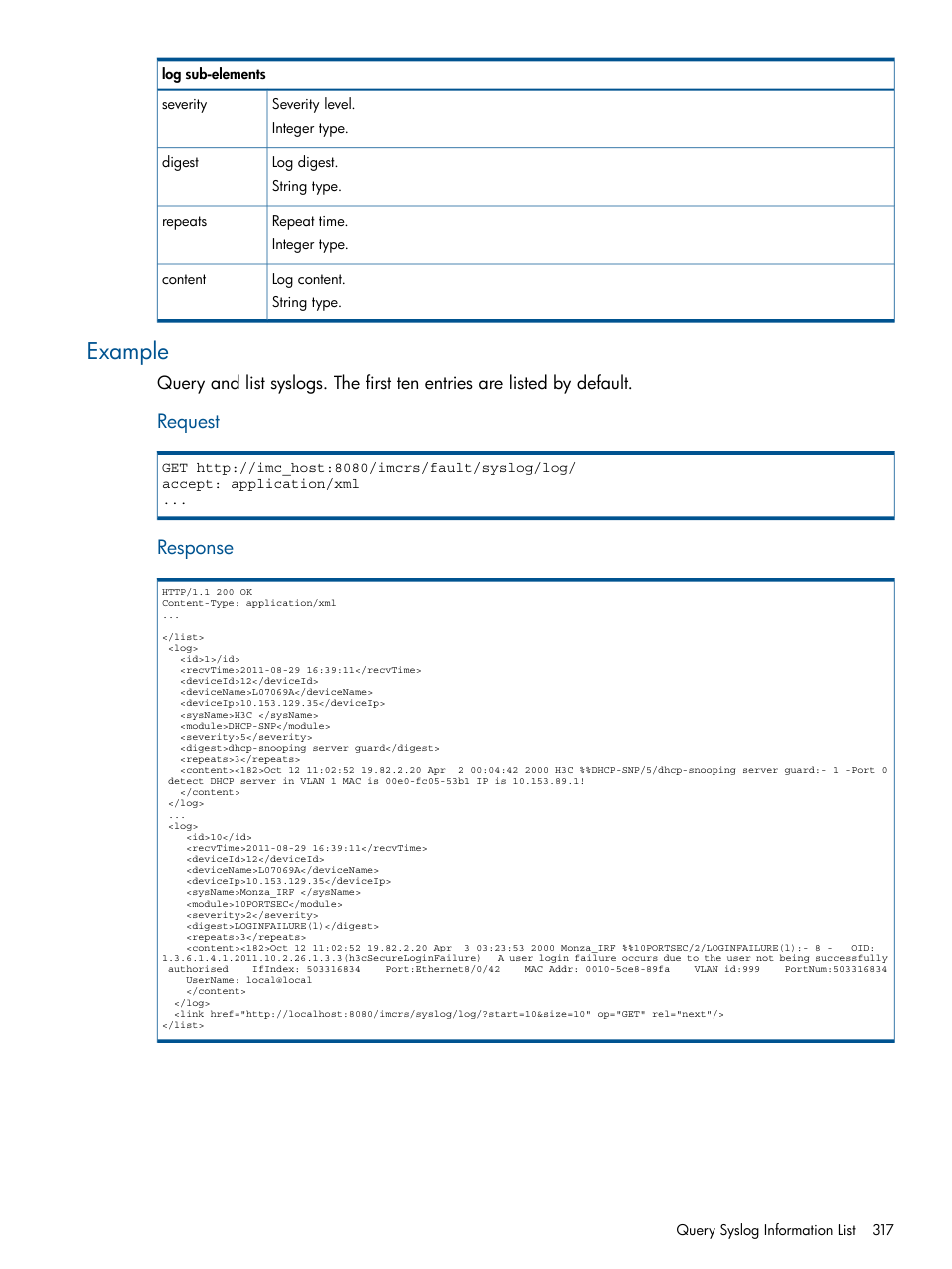 Example, Request, Response | HP Intelligent Management Center Licenses User Manual | Page 317 / 438