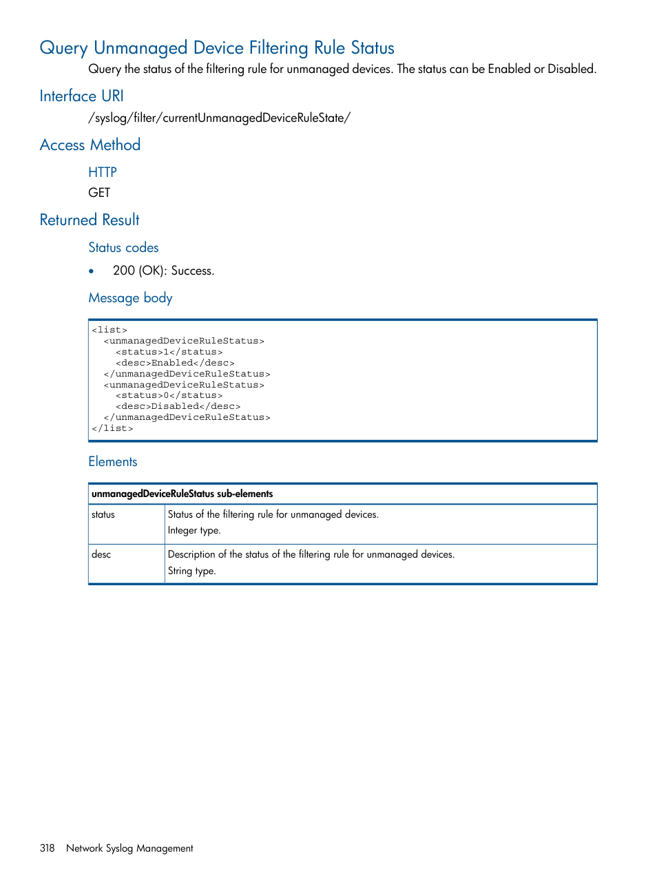 Query unmanaged device filtering rule status, Interface uri, Access method | Returned result, Interface uri access method returned result | HP Intelligent Management Center Licenses User Manual | Page 318 / 438