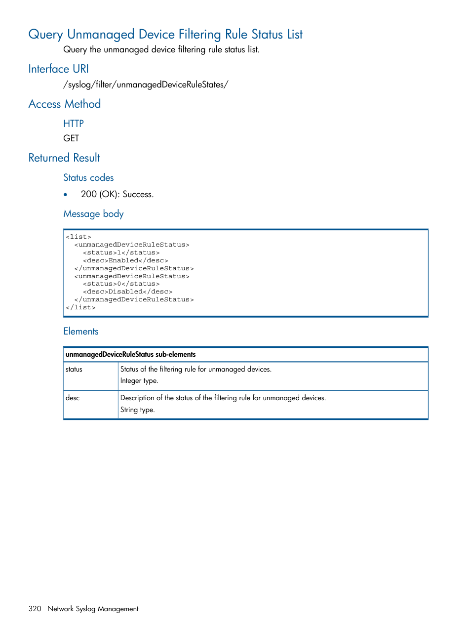 Query unmanaged device filtering rule status list, Interface uri, Access method | Returned result, Interface uri access method returned result | HP Intelligent Management Center Licenses User Manual | Page 320 / 438