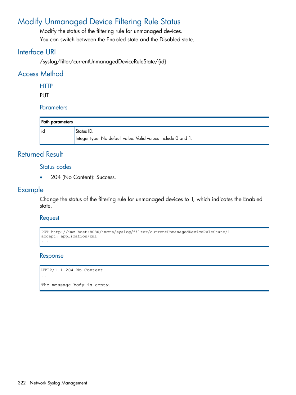 Modify unmanaged device filtering rule status, Interface uri, Access method | Returned result, Example | HP Intelligent Management Center Licenses User Manual | Page 322 / 438