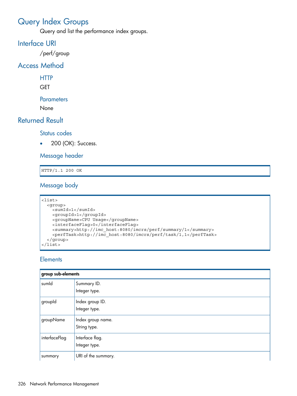 Query index groups, Interface uri, Access method | Returned result, Interface uri access method returned result | HP Intelligent Management Center Licenses User Manual | Page 326 / 438