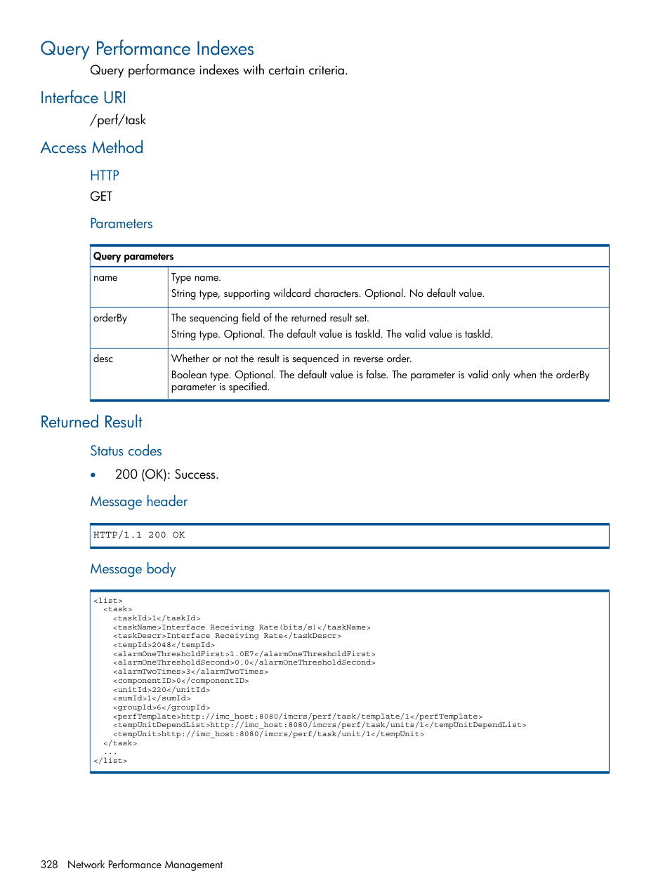 Query performance indexes, Interface uri, Access method | Returned result, Interface uri access method returned result | HP Intelligent Management Center Licenses User Manual | Page 328 / 438