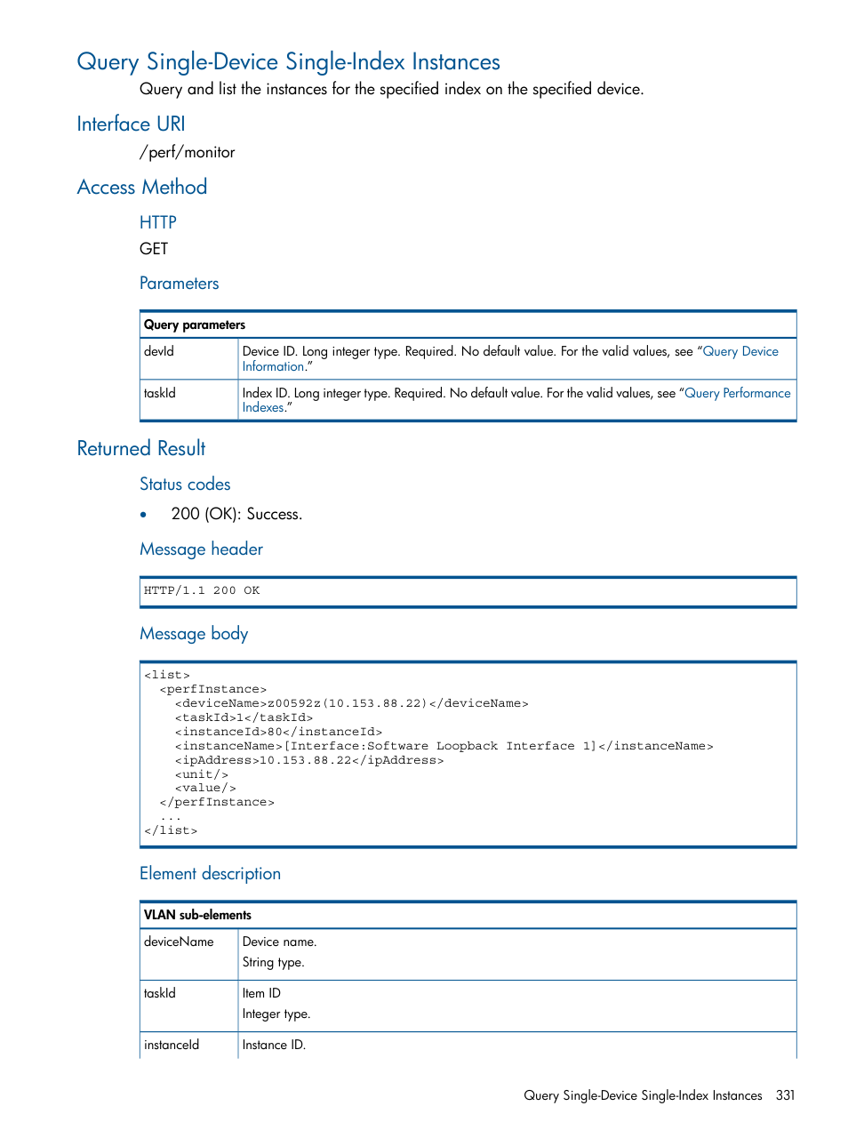 Query single-device single-index instances, Interface uri, Access method | Returned result, Interface uri access method returned result | HP Intelligent Management Center Licenses User Manual | Page 331 / 438