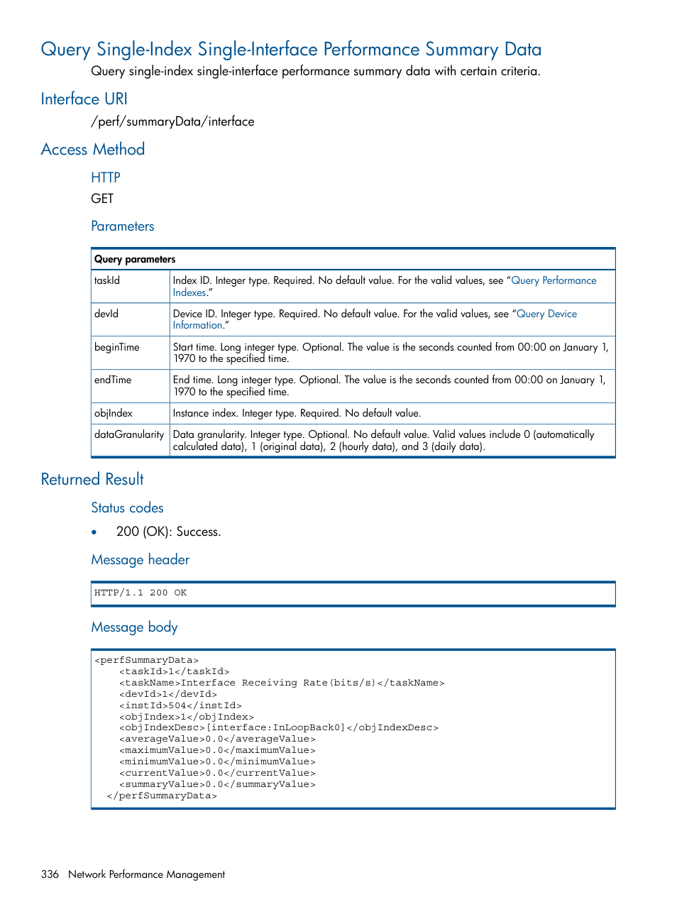 Interface uri, Access method, Returned result | Interface uri access method returned result, Query single-index single-interface | HP Intelligent Management Center Licenses User Manual | Page 336 / 438