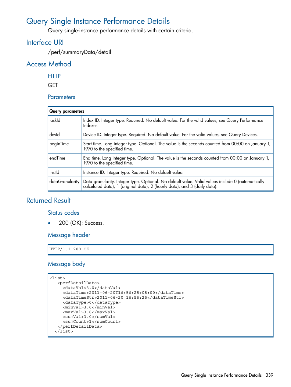 Query single instance performance details, Interface uri, Access method | Returned result, Interface uri access method returned result | HP Intelligent Management Center Licenses User Manual | Page 339 / 438