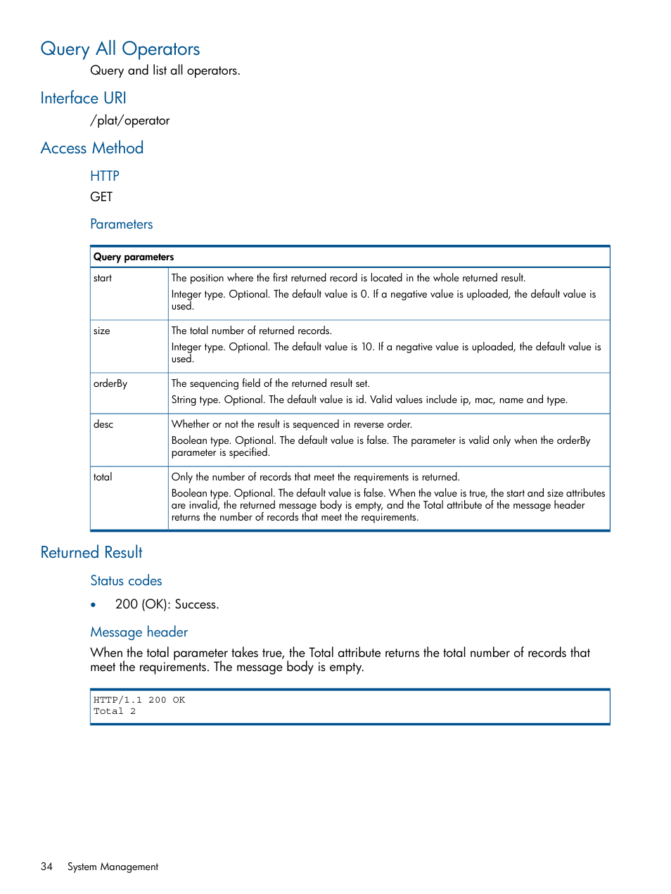 Query all operators, Interface uri, Access method | Returned result, Interface uri access method returned result | HP Intelligent Management Center Licenses User Manual | Page 34 / 438