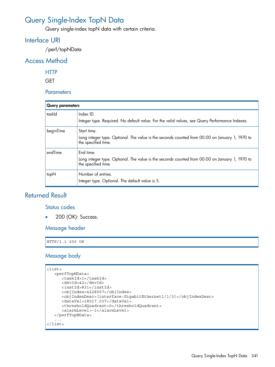 Query single-index topn data, Interface uri, Access method | Returned result, Interface uri access method returned result | HP Intelligent Management Center Licenses User Manual | Page 341 / 438