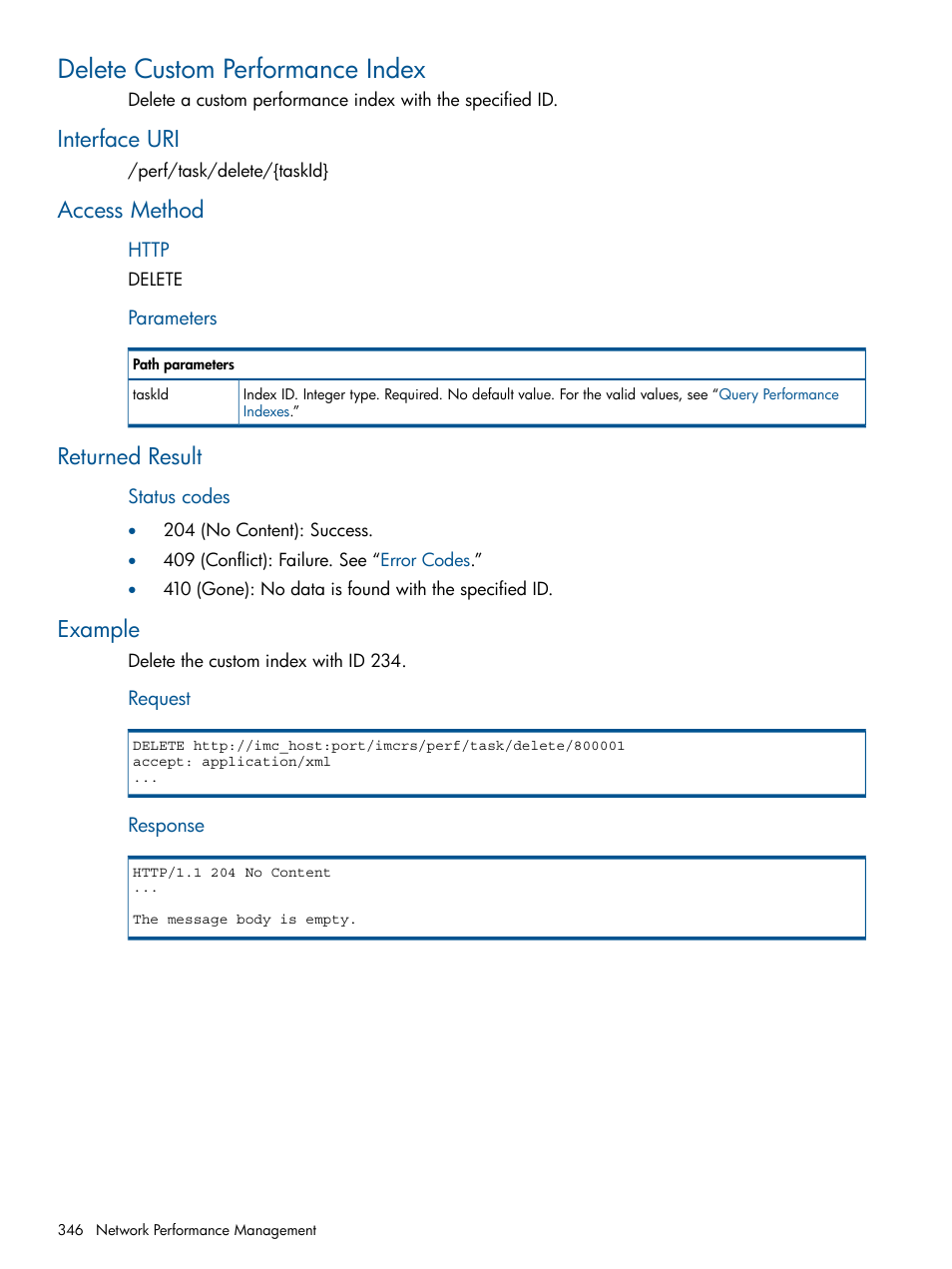 Delete custom performance index, Interface uri, Access method | Returned result, Example | HP Intelligent Management Center Licenses User Manual | Page 346 / 438