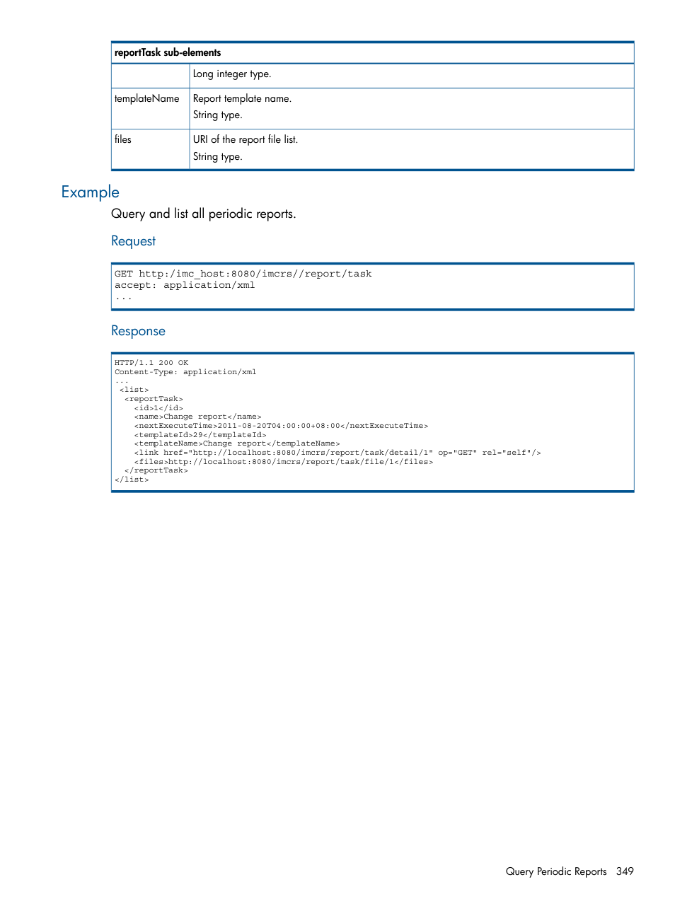 Example, Request, Response | HP Intelligent Management Center Licenses User Manual | Page 349 / 438