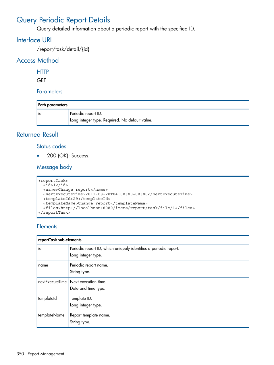 Query periodic report details, Interface uri, Access method | Returned result, Interface uri access method returned result | HP Intelligent Management Center Licenses User Manual | Page 350 / 438