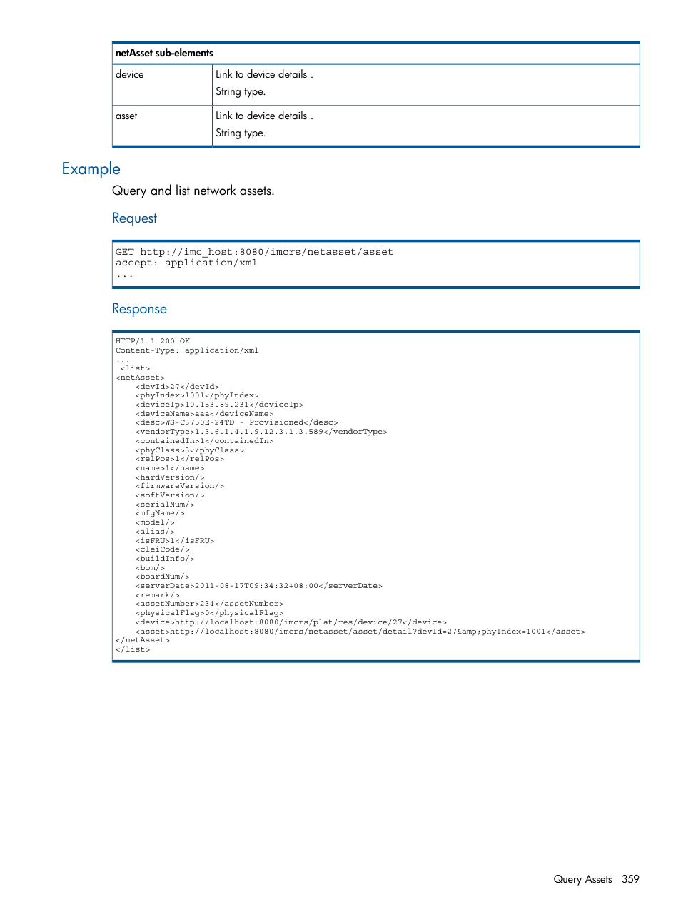 Example, Request, Response | HP Intelligent Management Center Licenses User Manual | Page 359 / 438