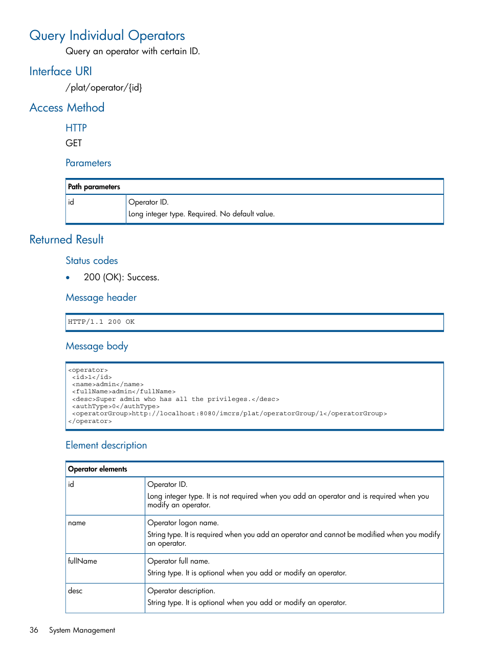 Query individual operators, Interface uri, Access method | Returned result, Interface uri access method returned result | HP Intelligent Management Center Licenses User Manual | Page 36 / 438