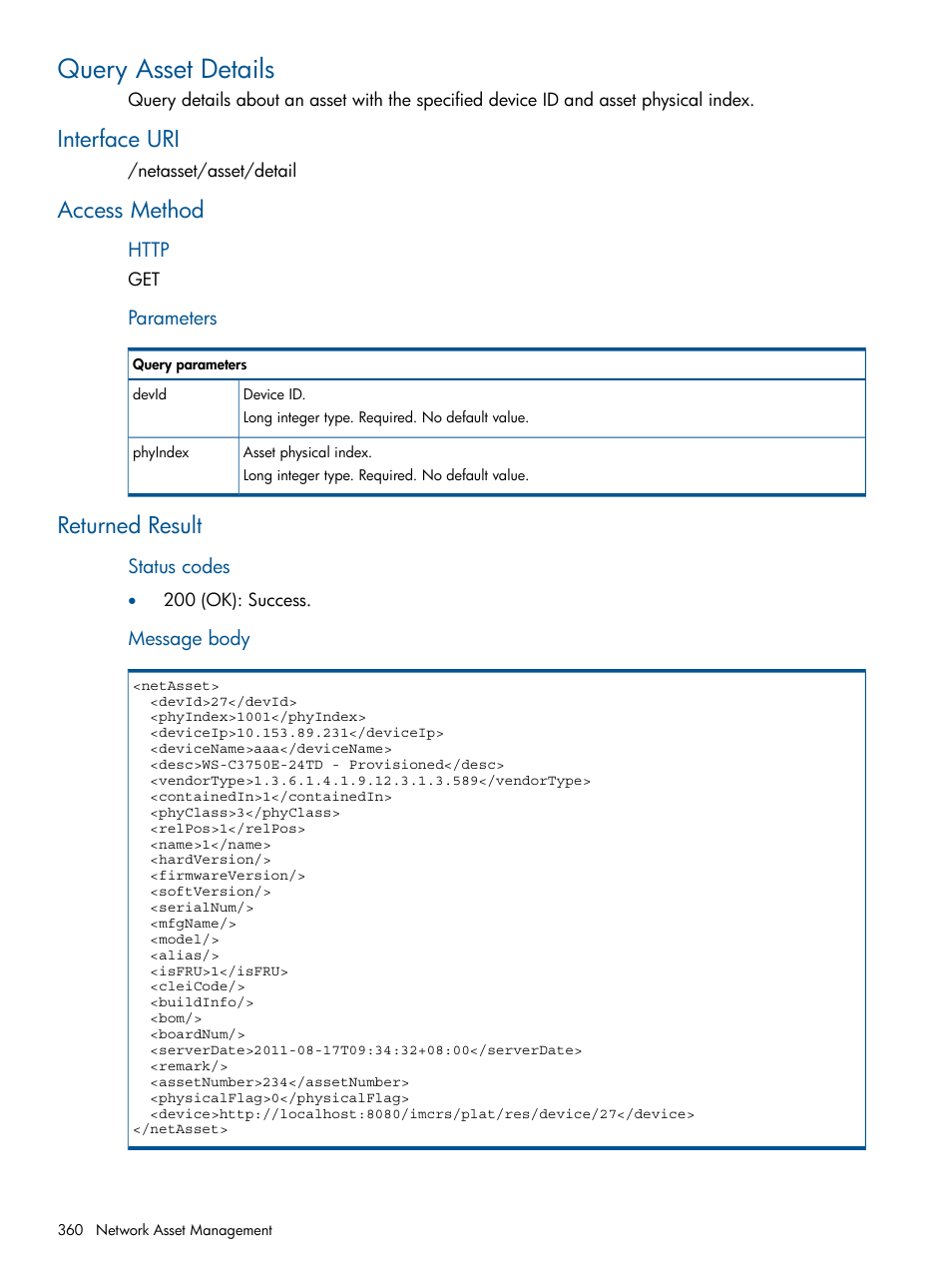 Query asset details, Interface uri, Access method | Returned result, Interface uri access method returned result | HP Intelligent Management Center Licenses User Manual | Page 360 / 438