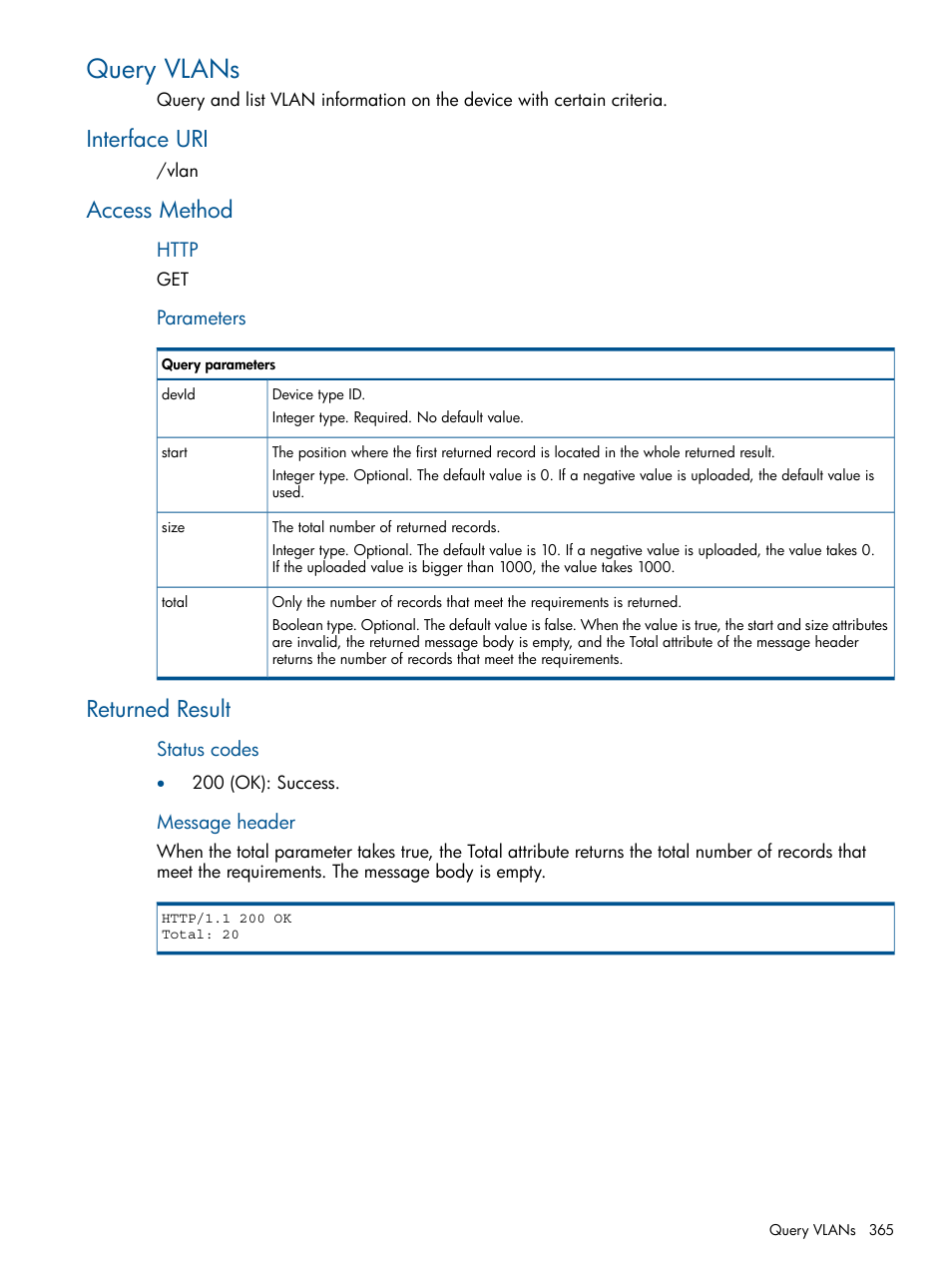 Query vlans, Interface uri, Access method | Returned result, Interface uri access method returned result | HP Intelligent Management Center Licenses User Manual | Page 365 / 438