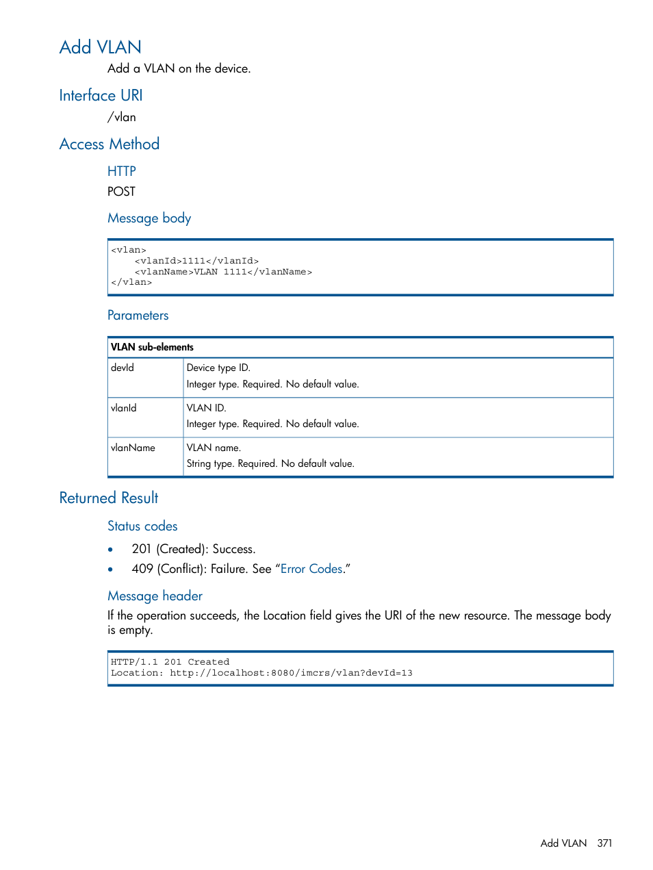 Add vlan, Interface uri, Access method | Returned result, Interface uri access method returned result | HP Intelligent Management Center Licenses User Manual | Page 371 / 438