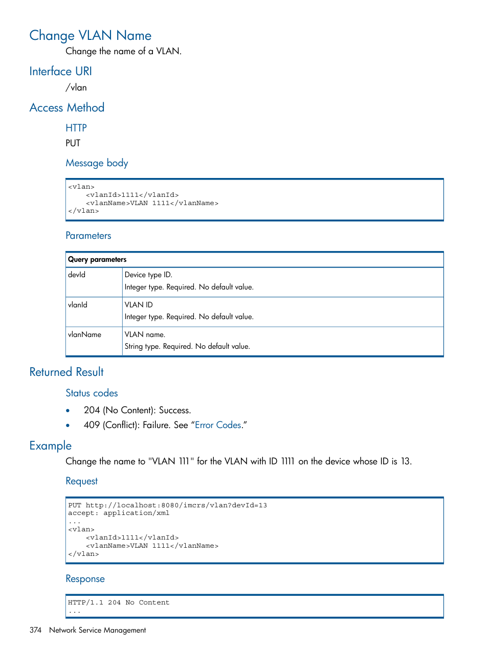 Change vlan name, Interface uri, Access method | Returned result, Example | HP Intelligent Management Center Licenses User Manual | Page 374 / 438