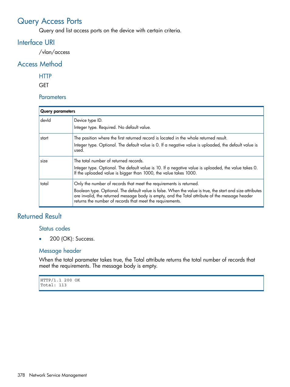 Query access ports, Interface uri, Access method | Returned result, Interface uri access method returned result | HP Intelligent Management Center Licenses User Manual | Page 378 / 438