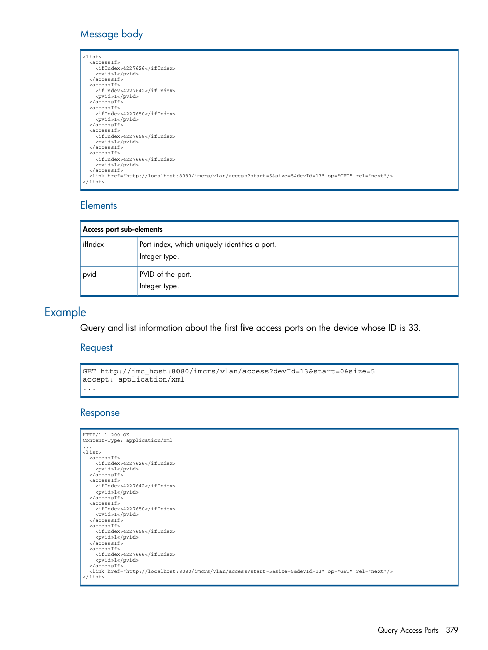 Example, Message body, Elements | Request, Response | HP Intelligent Management Center Licenses User Manual | Page 379 / 438