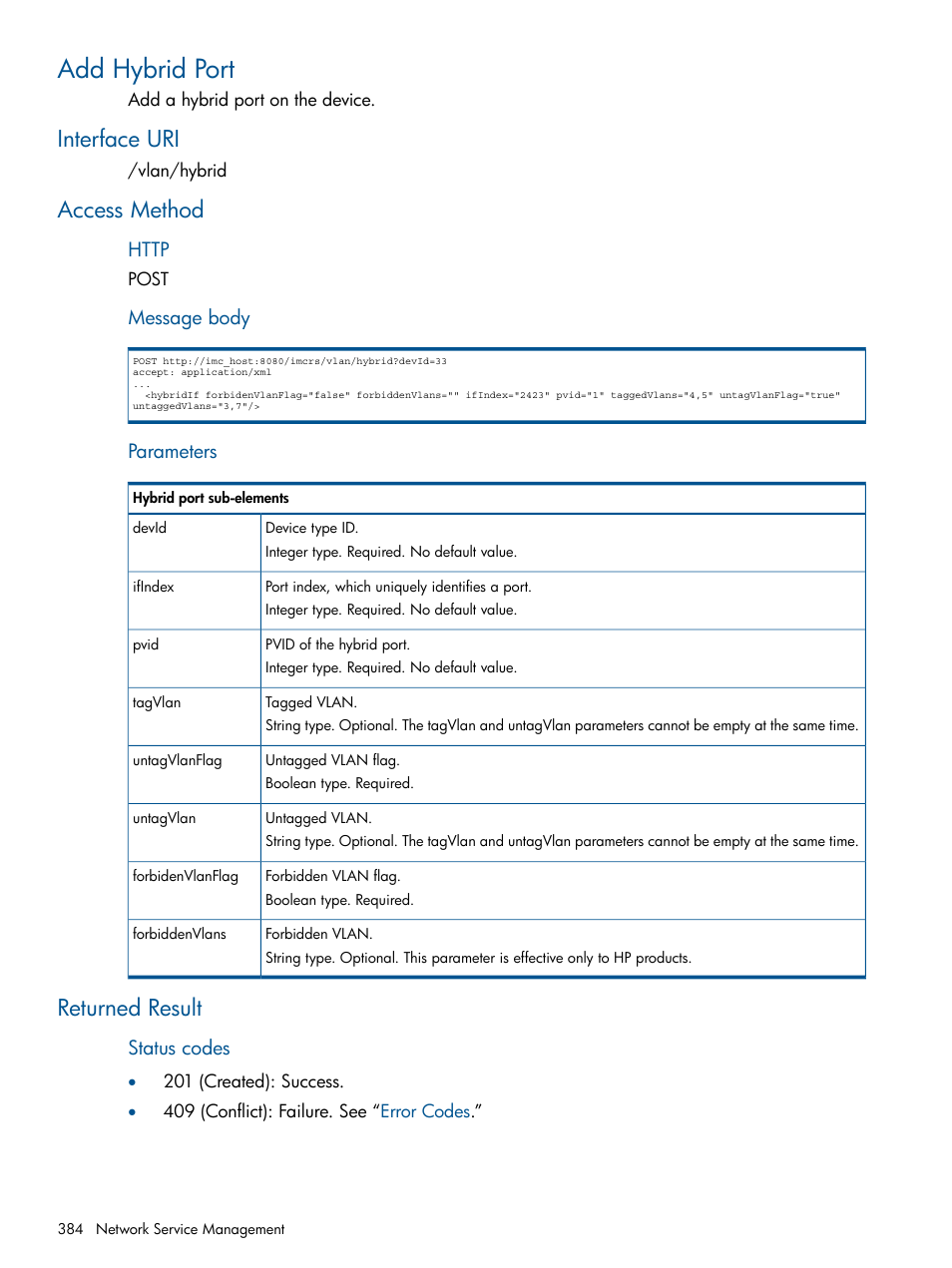 Add hybrid port, Interface uri, Access method | Returned result, Interface uri access method returned result | HP Intelligent Management Center Licenses User Manual | Page 384 / 438