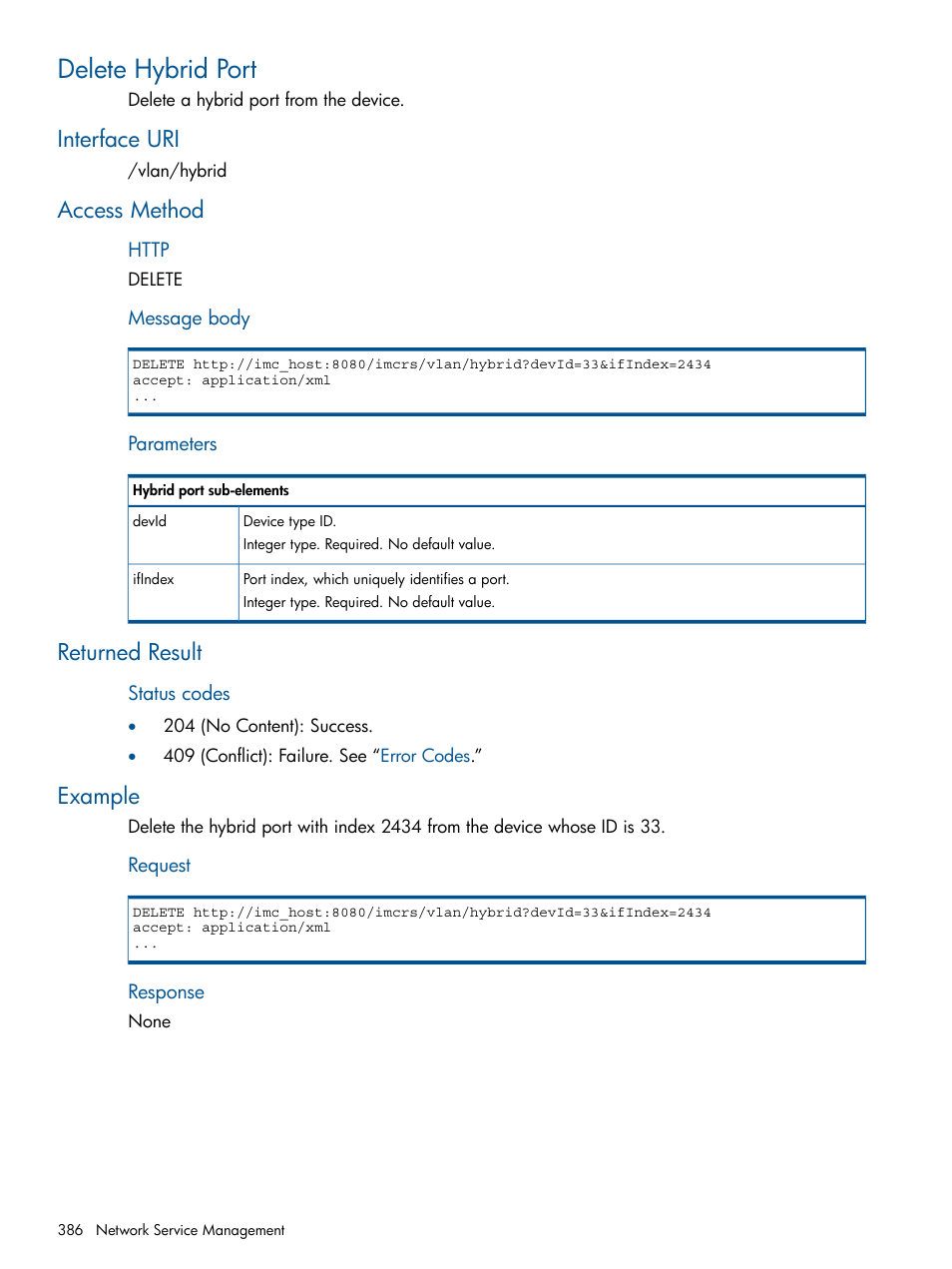 Delete hybrid port, Interface uri, Access method | Returned result, Example | HP Intelligent Management Center Licenses User Manual | Page 386 / 438