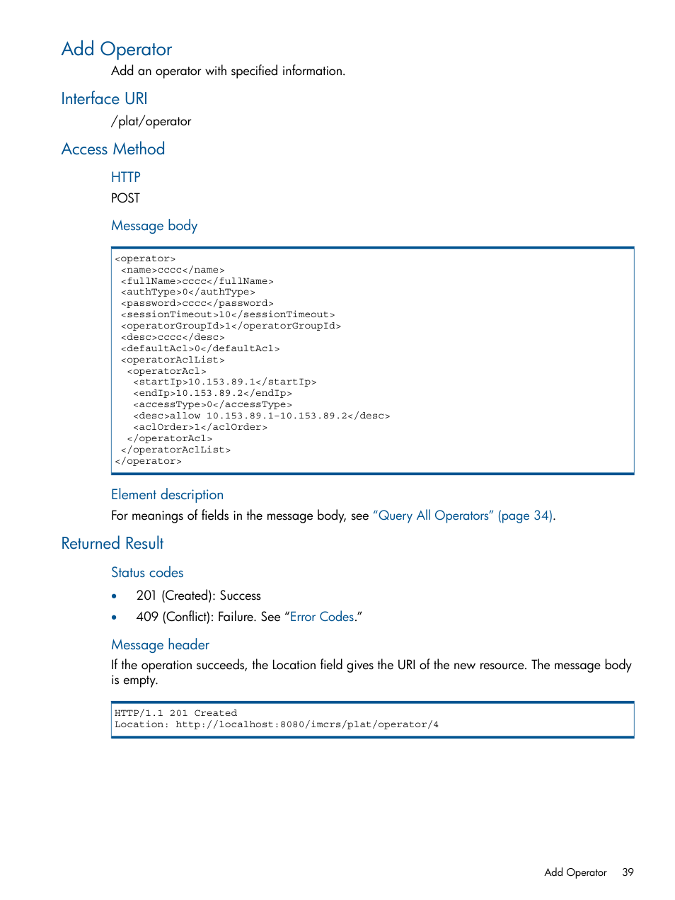 Add operator, Interface uri, Access method | Returned result, Interface uri access method returned result | HP Intelligent Management Center Licenses User Manual | Page 39 / 438