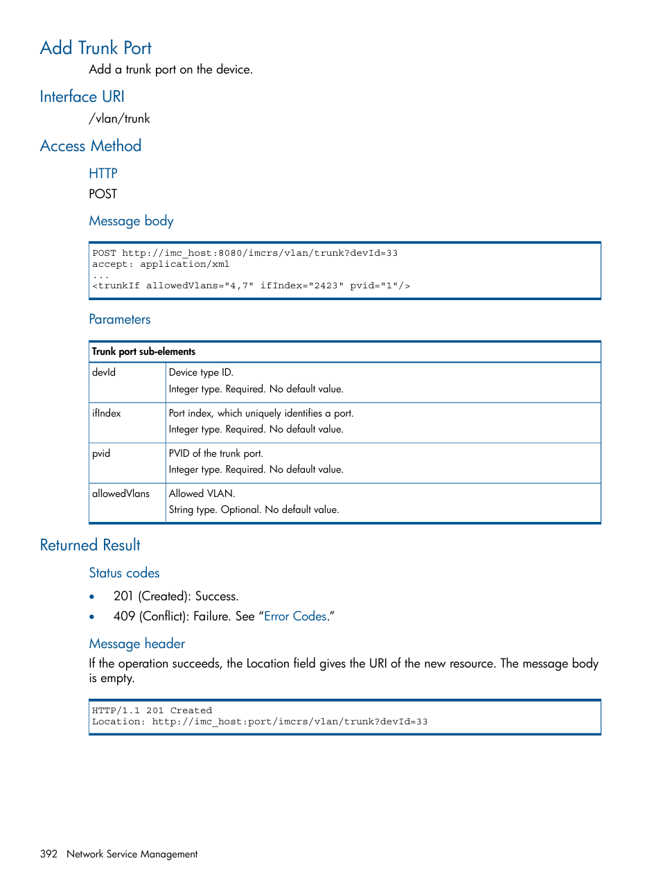 Add trunk port, Interface uri, Access method | Returned result, Interface uri access method returned result | HP Intelligent Management Center Licenses User Manual | Page 392 / 438