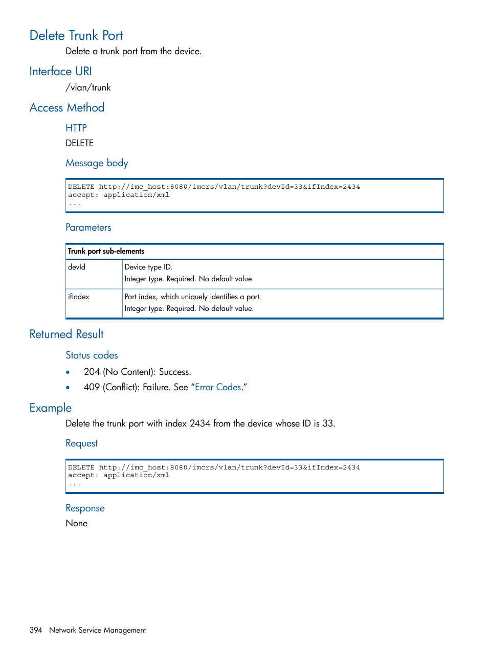 Delete trunk port, Interface uri, Access method | Returned result, Example | HP Intelligent Management Center Licenses User Manual | Page 394 / 438