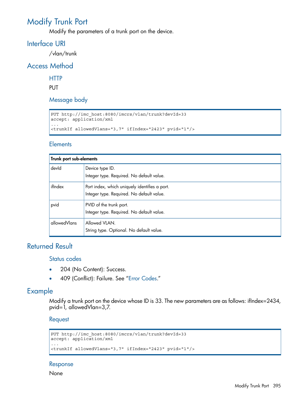 Modify trunk port, Interface uri, Access method | Returned result, Example | HP Intelligent Management Center Licenses User Manual | Page 395 / 438