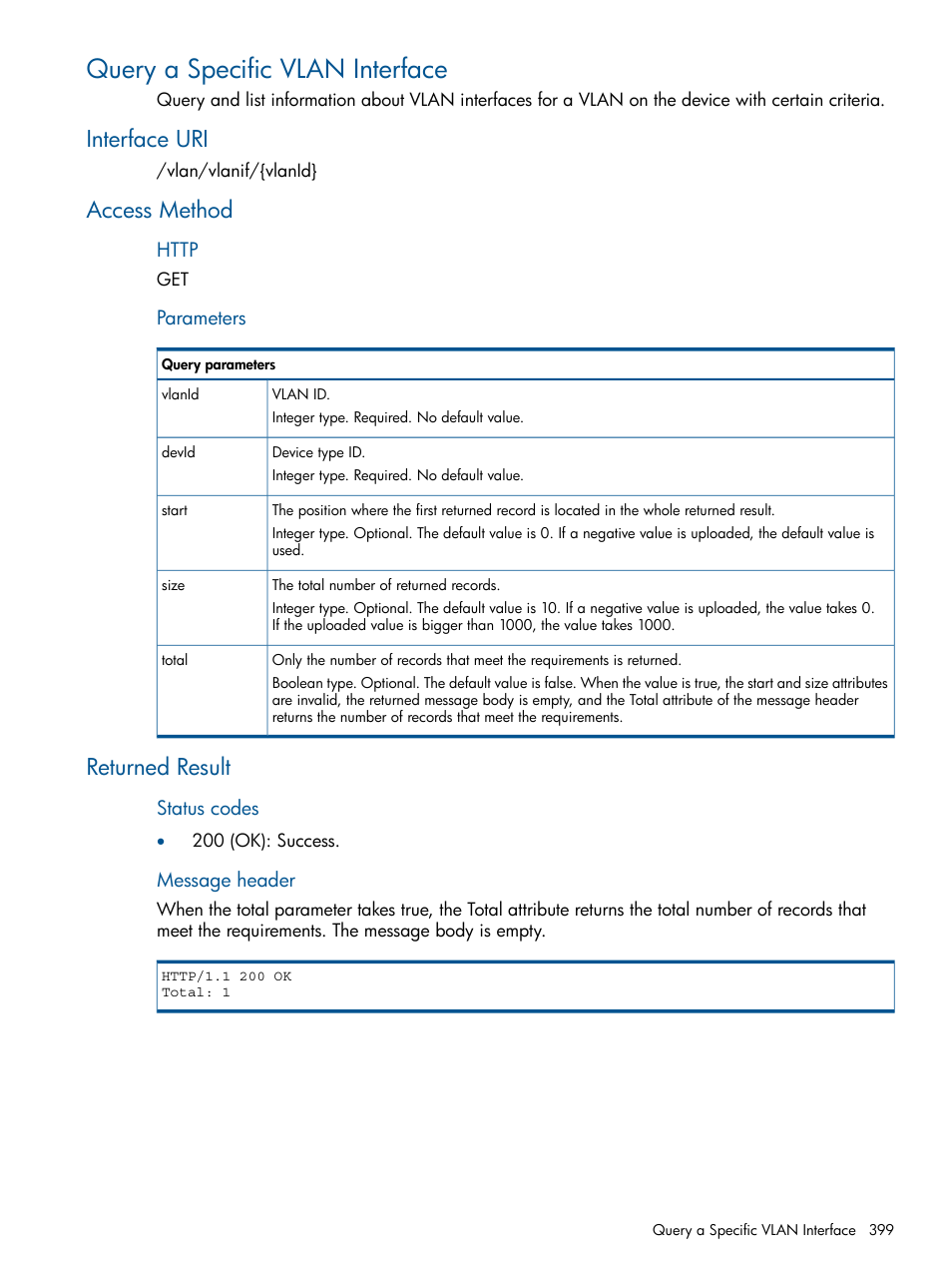 Query a specific vlan interface, Interface uri, Access method | Returned result, Interface uri access method returned result | HP Intelligent Management Center Licenses User Manual | Page 399 / 438