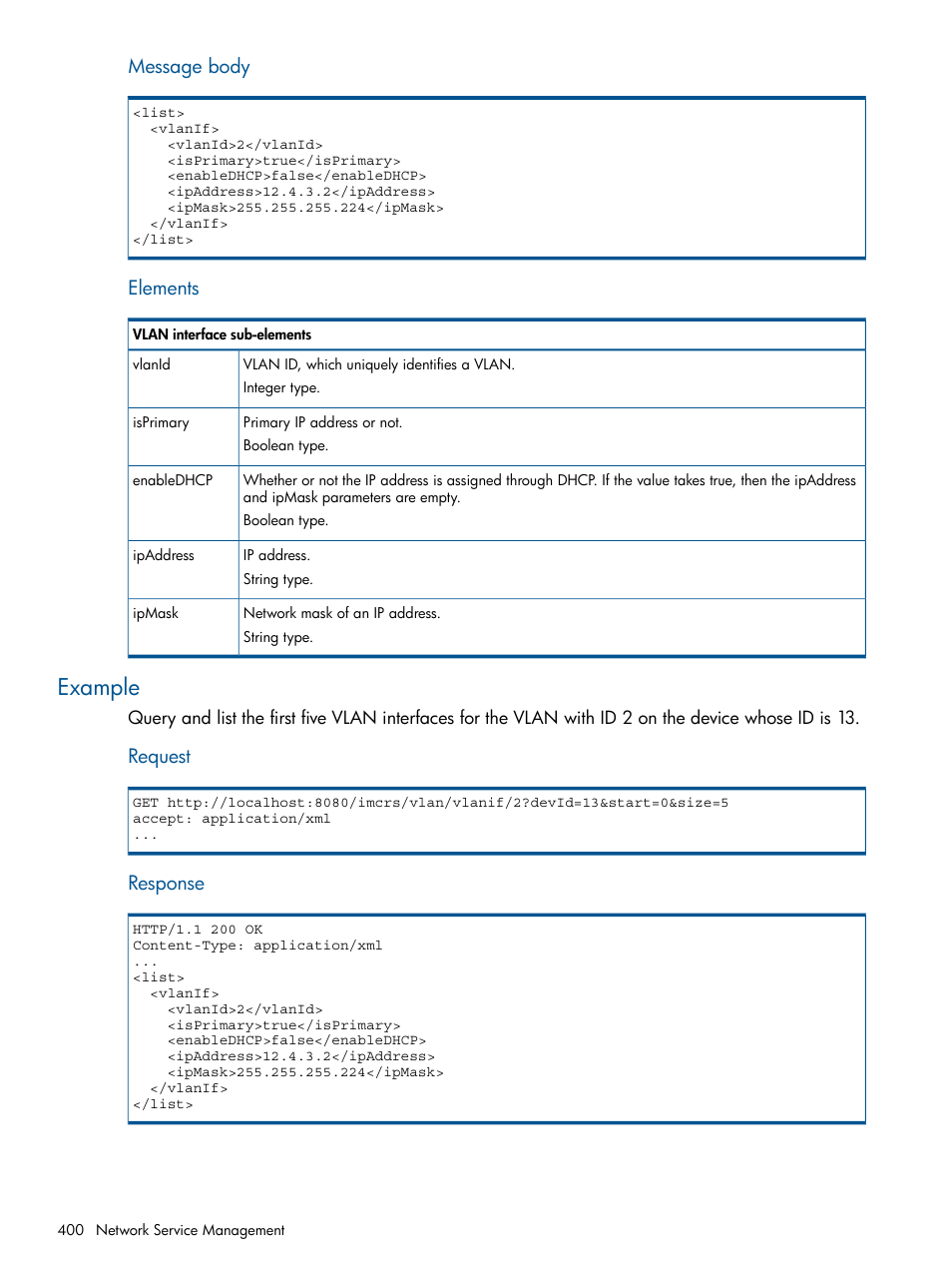 Example, Message body, Elements | Request, Response | HP Intelligent Management Center Licenses User Manual | Page 400 / 438