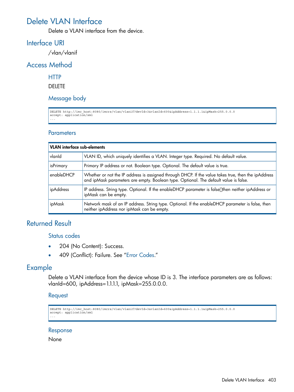 Delete vlan interface, Interface uri, Access method | Returned result, Example | HP Intelligent Management Center Licenses User Manual | Page 403 / 438