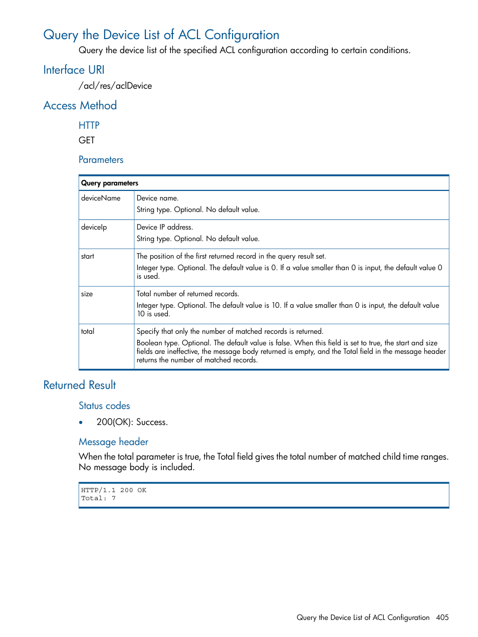 Query the device list of acl configuration, Interface uri, Access method | Returned result, Interface uri access method returned result | HP Intelligent Management Center Licenses User Manual | Page 405 / 438