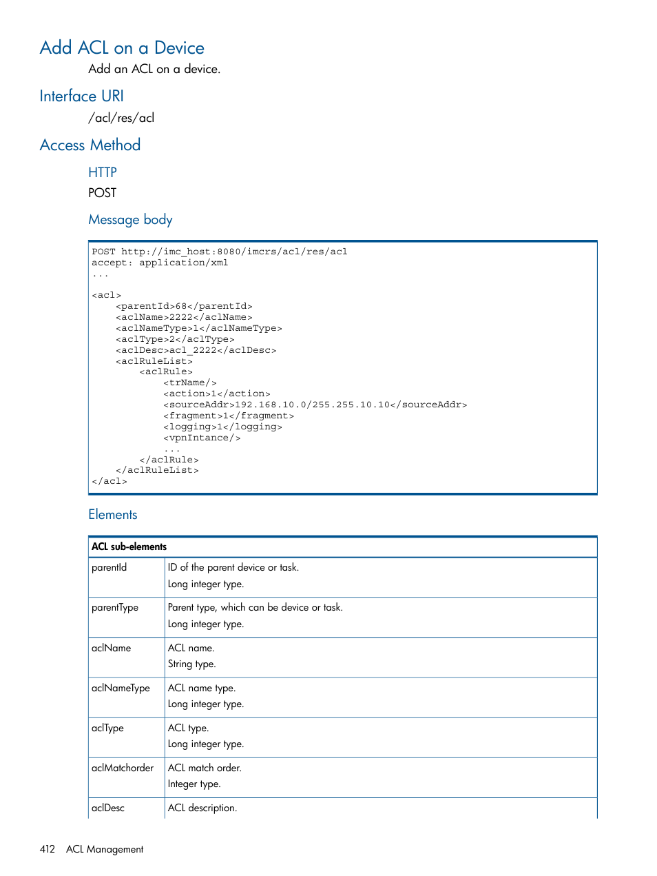 Add acl on a device, Interface uri, Access method | Interface uri access method, Message body, Elements | HP Intelligent Management Center Licenses User Manual | Page 412 / 438