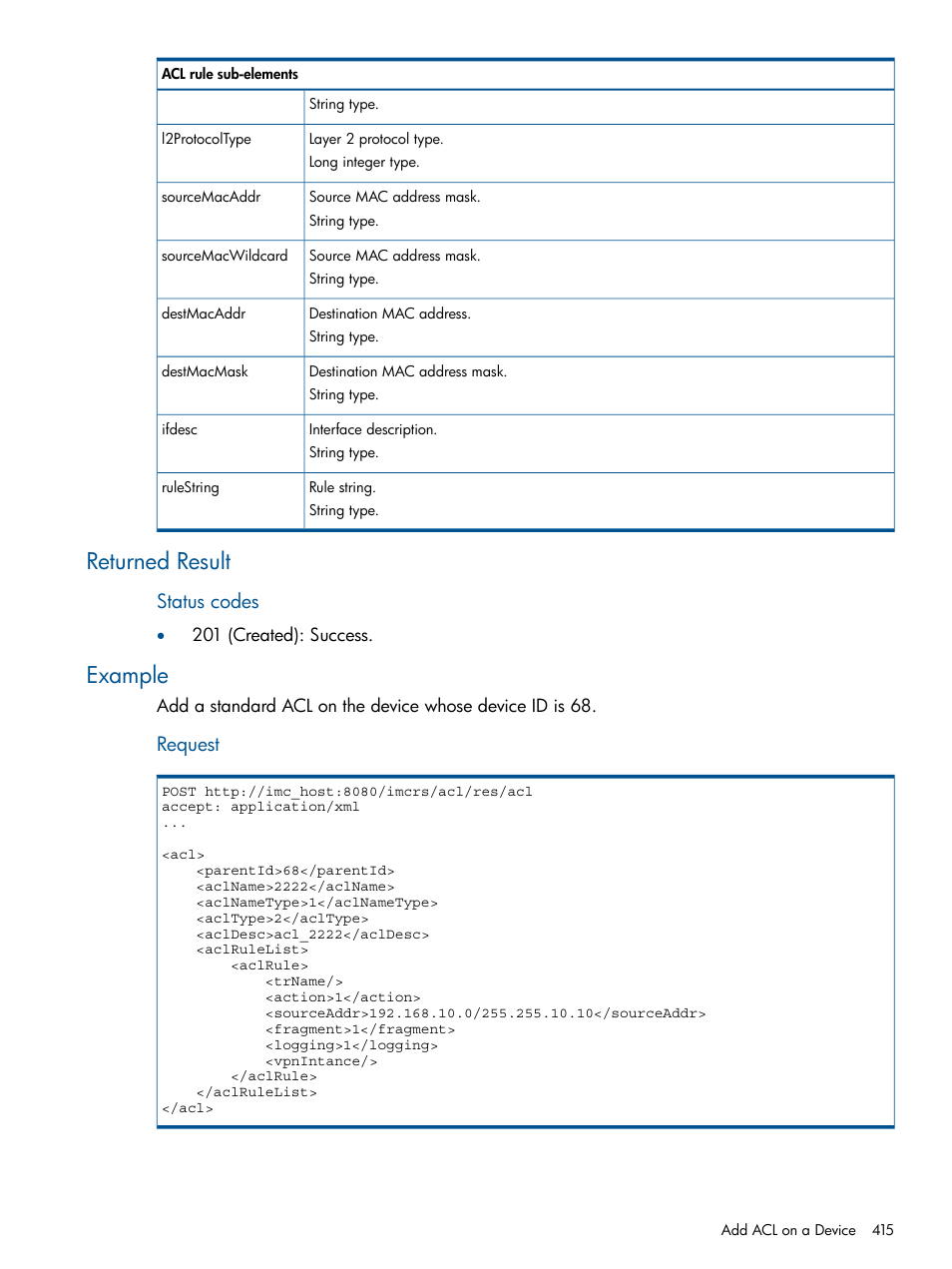 Returned result, Example, Returned result example | Status codes, Request | HP Intelligent Management Center Licenses User Manual | Page 415 / 438