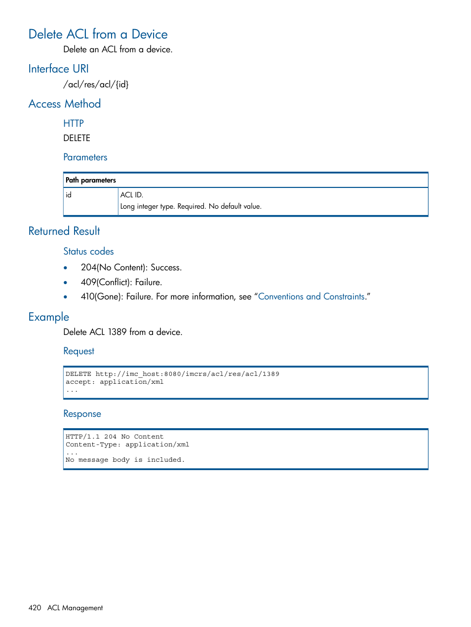 Delete acl from a device, Interface uri, Access method | Returned result, Example | HP Intelligent Management Center Licenses User Manual | Page 420 / 438