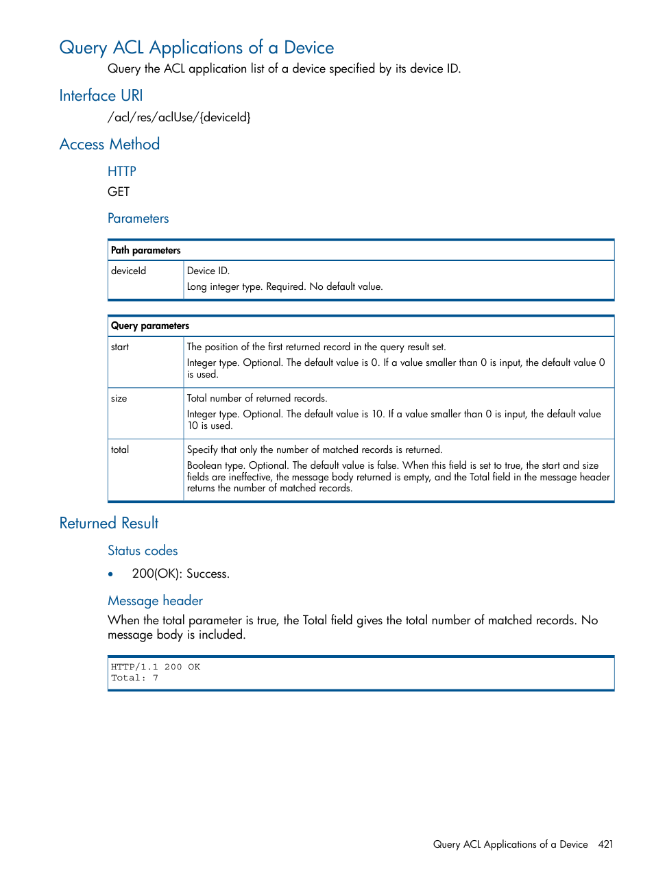 Query acl applications of a device, Interface uri, Access method | Returned result, Interface uri access method returned result | HP Intelligent Management Center Licenses User Manual | Page 421 / 438