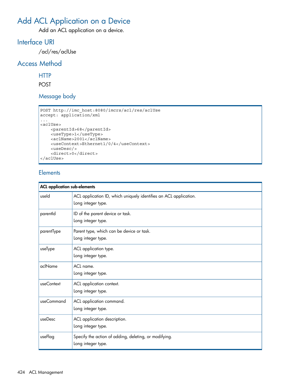 Add acl application on a device, Interface uri, Access method | Interface uri access method, Message body, Elements | HP Intelligent Management Center Licenses User Manual | Page 424 / 438